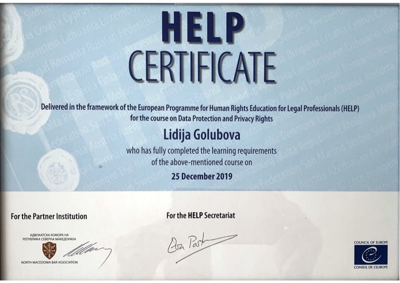 Сертификат HELP на Советот на Европа: Заштита на податоци и право на приватност — Лидија Голубова