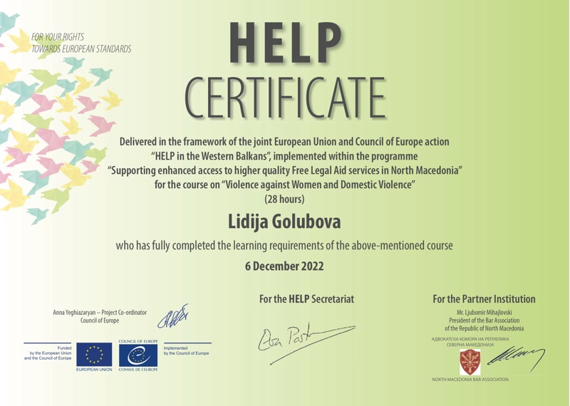 Сертификат HELP на Советот на Европа: Насилство врз жените и семејно насилство — Лидија Голубова