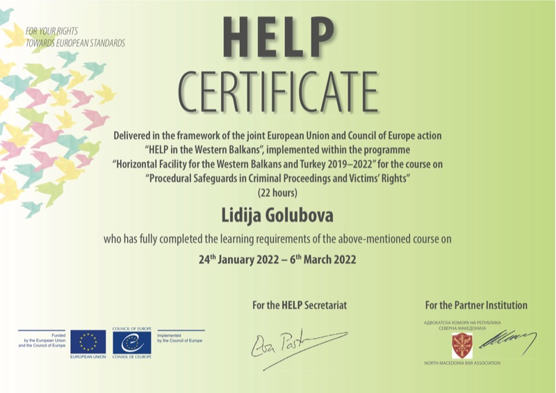 Сертификат HELP на Советот на Европа: Процесни гаранции во кривичната постапка и права на жртвите — Лидија Голубова