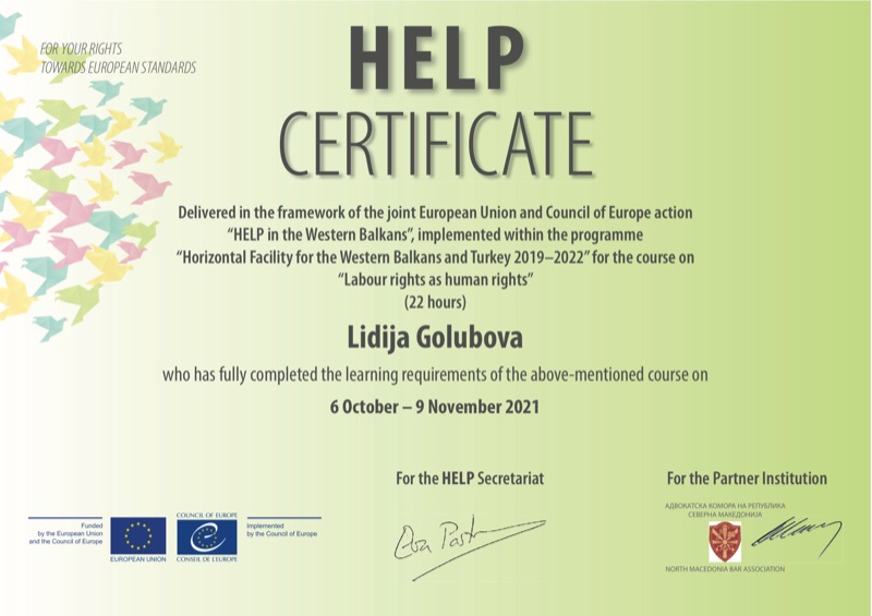 Сертификат HELP на Советот на Европа: Работничките права како човекови права — Лидија Голубова