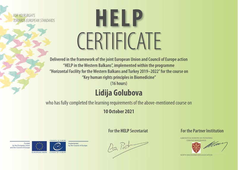 Сертификат HELP на Советот на Европа: Клучни принципи на човековите права во биомедицината — Лидија Голубова