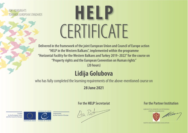 Сертификат HELP на Советот на Европа: Сопственички права и Европската конвенција за човекови права — Лидија Голубова