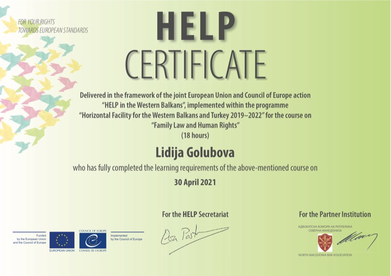 Сертификат HELP на Советот на Европа: Семејно право и човекови права — Лидија Голубова