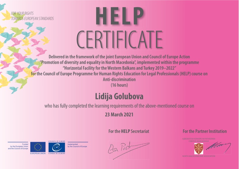 Сертификат HELP на Советот на Европа: Антидискриминација — Лидија Голубова