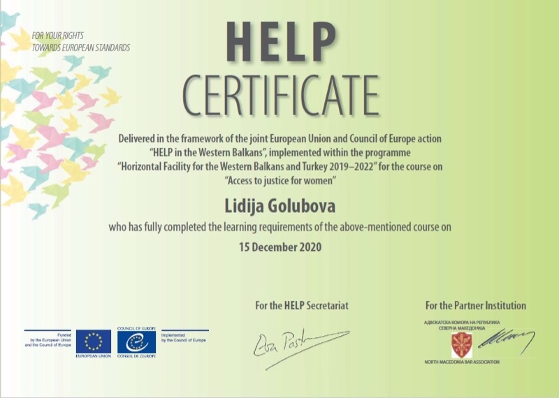 Сертификат HELP на Советот на Европа: Пристап до правда за жените — Лидија Голубова